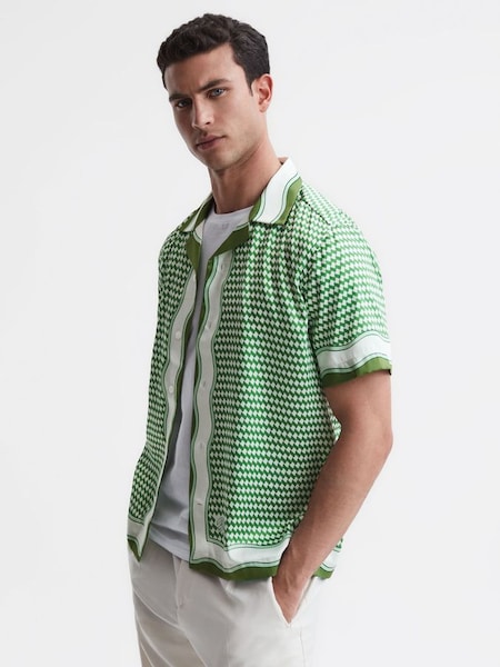 Printed Cuban Collar Short Sleeve Shirt in Green/Ivory (D63026) | $152