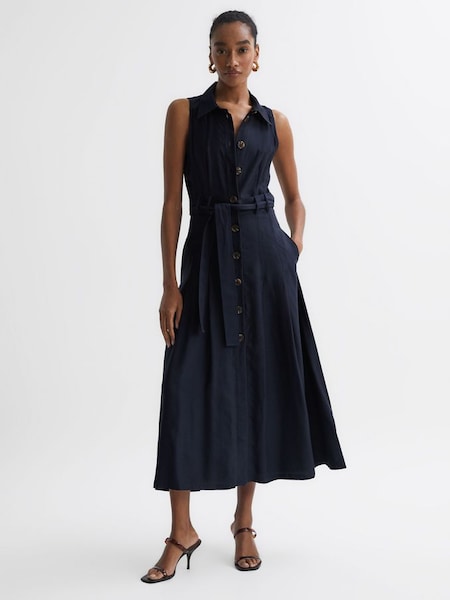 Petite Button Front Midi Dress in Navy (D63032) | $224