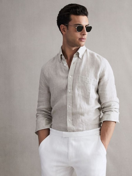 Regular Fit Button Down Linen Shirt in Stone Melange (D65824) | €107