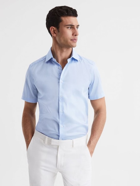 Slim Fit Cotton Satin Blend Shirt in Soft Blue (D65829) | $90