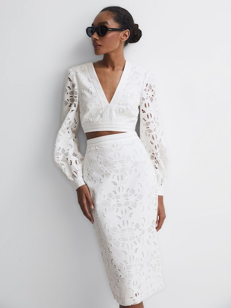 Lace Co-ord Pencil Skirt in White (D65835) | $169