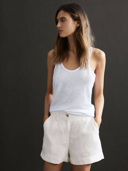 Linen High Rise Garment Dyed Shorts in White (D65850) | $160