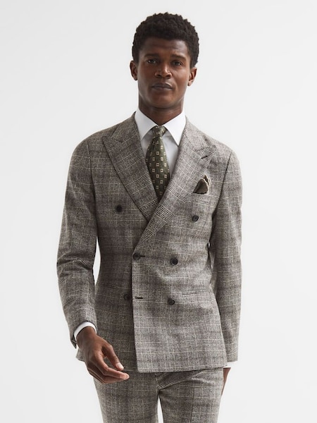 Slim Fit Double Breasted Prince Of Wales Check Blazer in Brown (D65852) | $457
