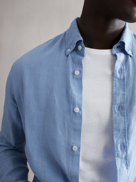 Regular Fit Button Down Linen Shirt in Powder Blue (D65866) | $86