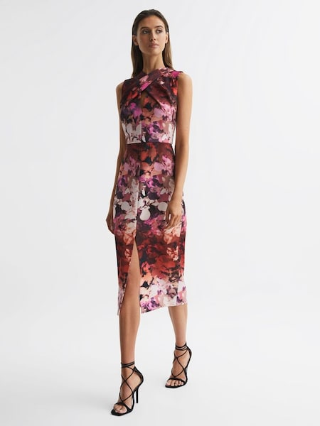 Floral Printed Bodycon Midi Dress in Berry (D65869) | $187