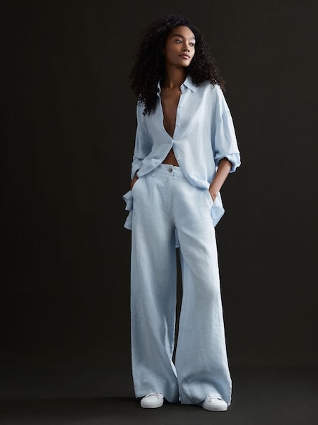 Petite Linen Wide Leg Garment Dyed Trousers in Ice Blue (D65872) | €139