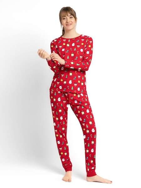Women's Christmas Print Pyjama Set in Red (D66850) | $63
