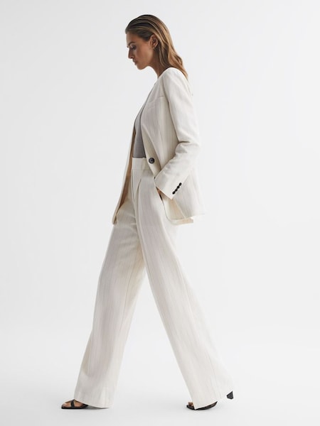 Witte gestreepte broek met hoge taille en wijde pijpen (D68894) | € 139