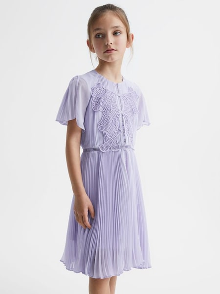 Junior Lace Embroidered Pleated Dress in Lilac (D68943) | $103
