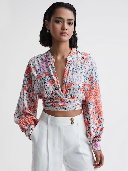 Floral Print Tie Front Cropped Blouse in Coral/White (D68962) | $143