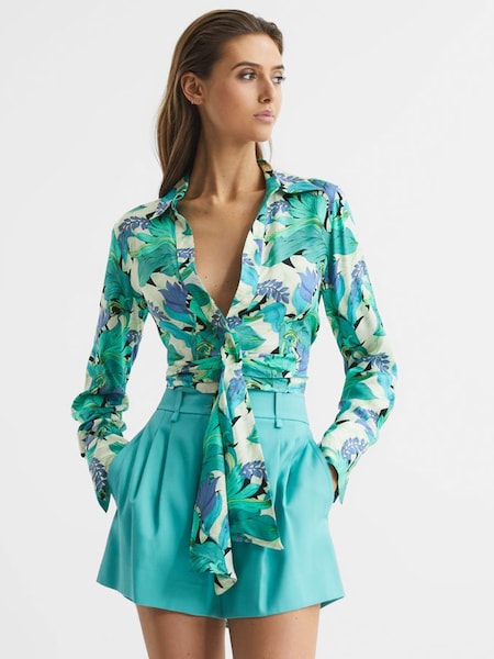 Floral Print Tie Front Cropped Blouse in Aquamarine (D68964) | $172