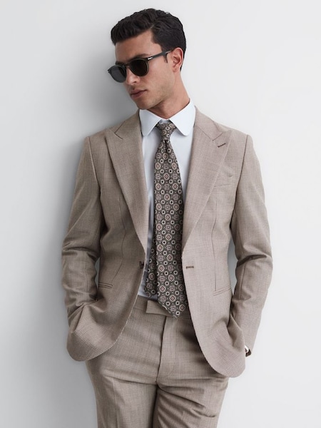 Slim Fit Wool Single Breasted Puppytooth Blazer in Brown (D69001) | €171