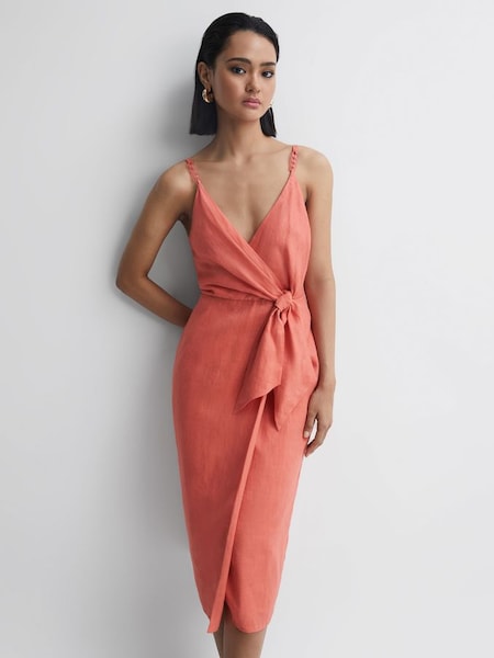 Linen Side Tie Midi Dress in Coral (D72419) | €92