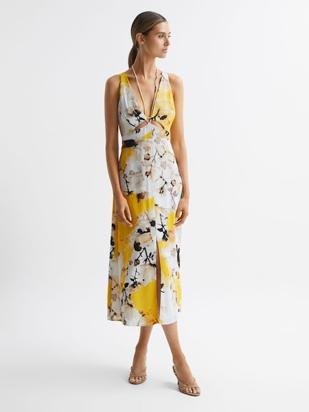 Tenger - Gele aansluitende midi-jurk met bloemenprint (D74474) | € 115