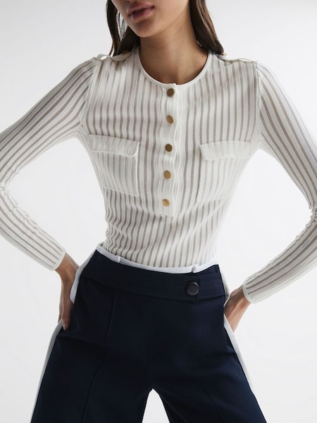 Sheer Striped Long Sleeve Top in Ivory (D75723) | $144