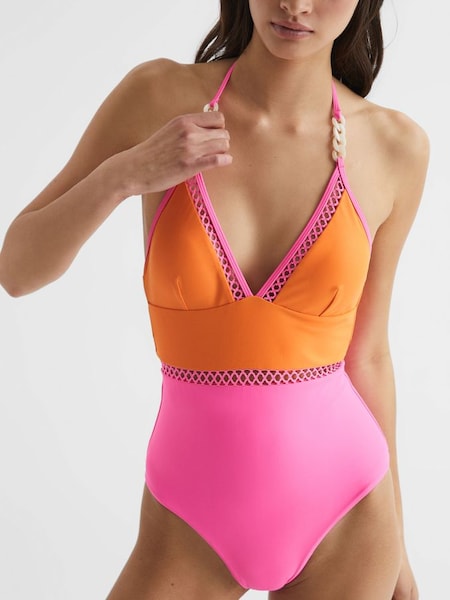 Colourblock Halter Swimsuit in Orange/Pink (D75727) | $109