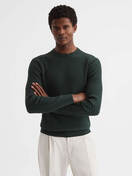 Crew Neck Cable Knit Jumper in Dark Forest Green (D77702) | €87
