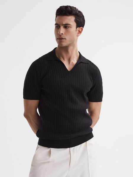 Slim Fit Open Collar Polo Shirt in Black (D79045) | $121