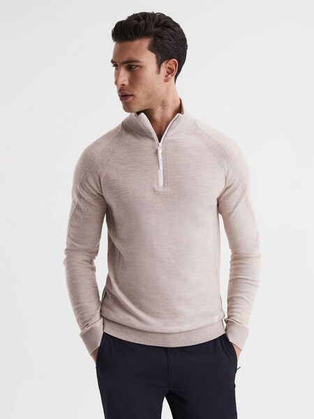 Golf Stretch Merino Zip Neck Jumper in Stone Melange (D79057) | $121