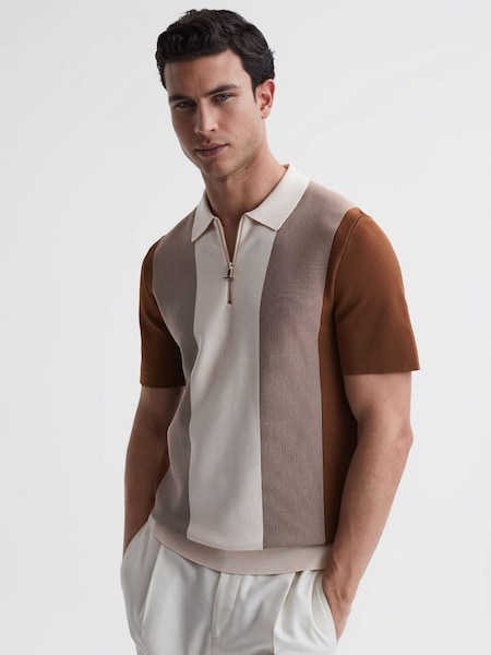 Half-Zip Striped Polo T-Shirt in Tobacco/Cream (D83287) | $152