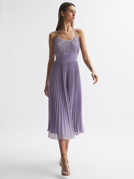 Halston - Glimmende geplooide midi-jurk in lila (D83581) | € 466
