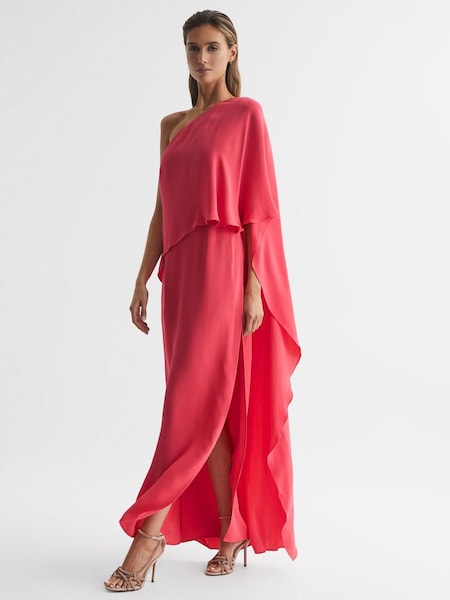 Lange jurk met cape en blote schouder in koraalrood (D85800) | € 213