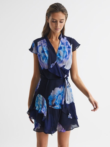 Floral Print Wrap Dress in Black/Blue (D87088) | $262