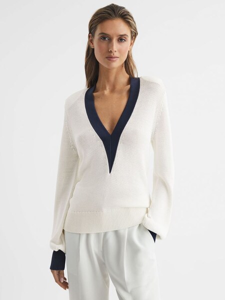Contrast Trim Knitted Jumper in White/Navy (D87108) | $142