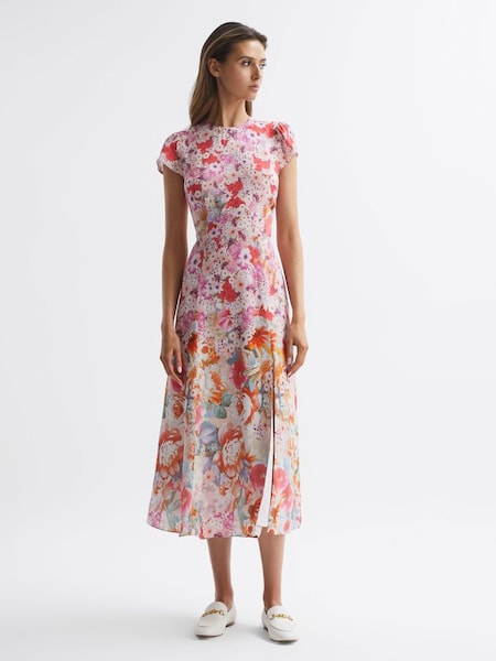 Roze midi-jurk met bloemenprint (D87110) | € 89