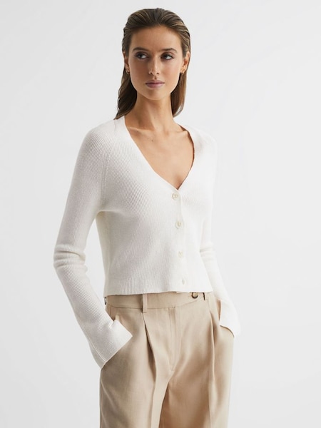 Linen Blend Ribbed Cardigan in Ivory (D87117) | $101