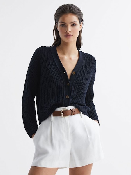 Cotton-Linen Blend Knit Cardigan in Navy (D87118) | CHF 94