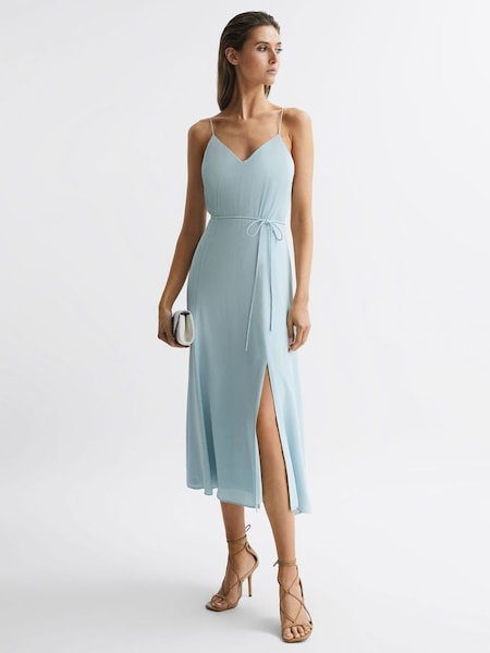 Fitted V-Neck Midi Dress in Blue (D89708) | $97