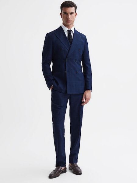 Slim Fit Wool Check Trousers in Navy (D90440) | CHF 107