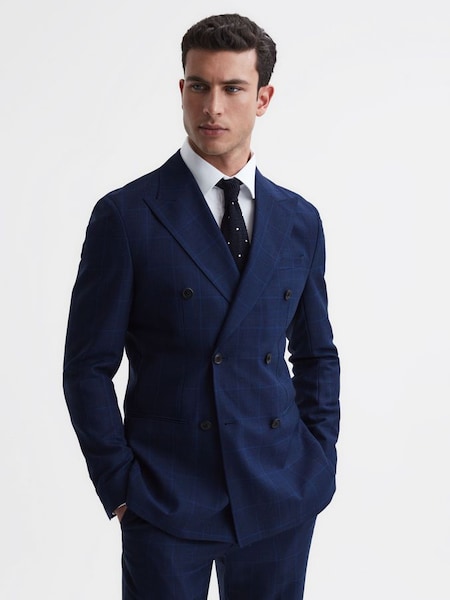 Slim Fit Wool Double Breasted Check Blazer in Navy (D90445) | $280