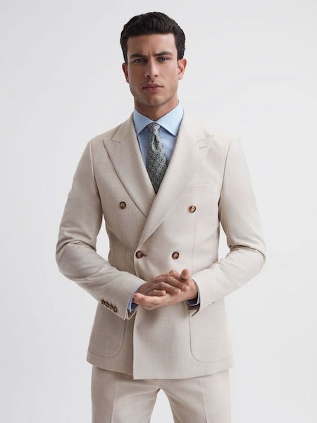 Slim Fit Double Breasted Wool Blend Blazer in Stone (D91245) | $306