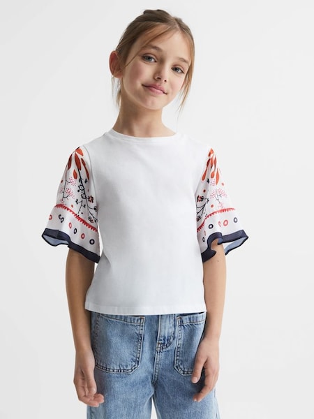 Junior Flared Printed Sleeve T-Shirt in White (D97806) | $40