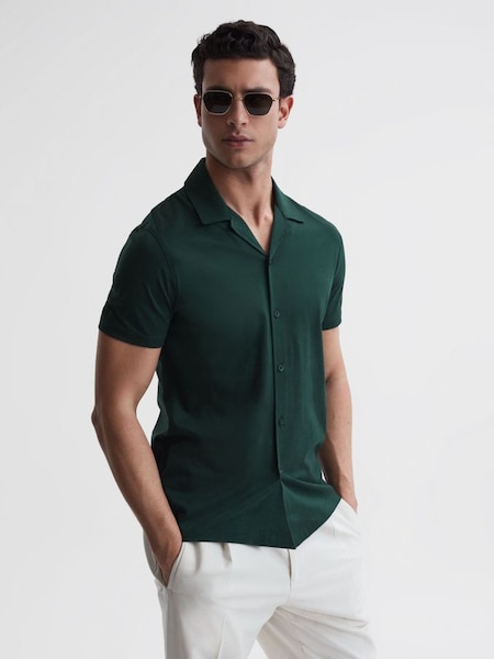 Mercerised Cotton Jersey Cuban Collar Shirt in Emerald (D97829) | €69