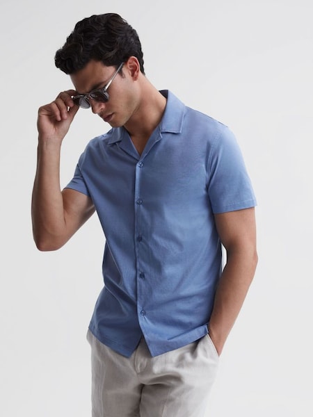 Mercerised Jersey Cuban Collar Shirt in Sea Blue (D97830) | $48