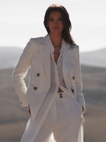 Double Breasted Linen Blazer in White (D97864) | SAR 728
