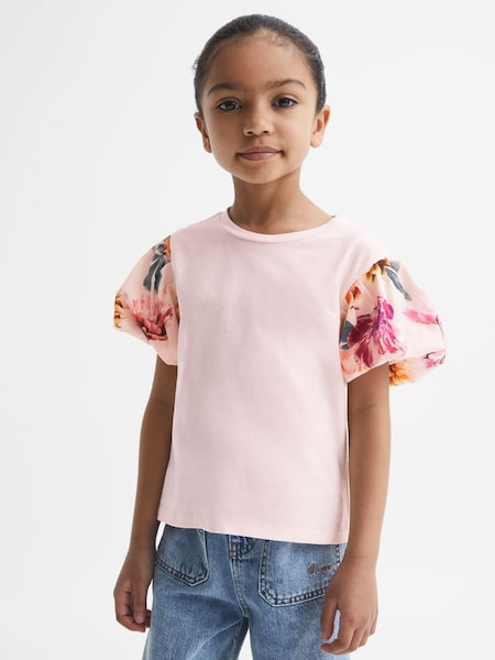 Junior Floral Print Puff Sleeve T-Shirt in Ivory (D99264) | $40