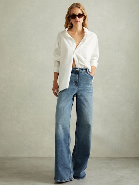 Wide Leg Flared Jeans in Mid Blue (E04235) | $245