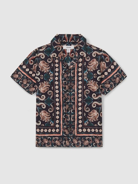 Finn Dark Teal Ornamental Print Cuban Collar Shirt (E14718) | $70