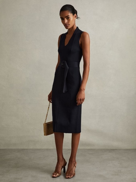 Ella Navy Knitted Ribbed Belted Midi Dress (E18016) | $380