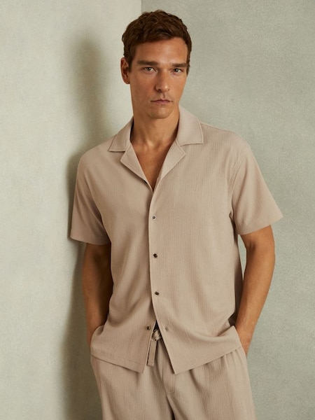 Hunt Oatmeal Textured Crepe Cuban Collar Shirt (E26131) | SAR 385
