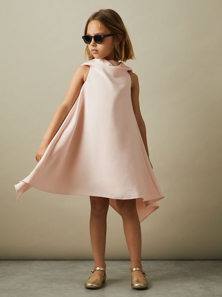 Junior High-Neck Drape Back Dress in Pink (E26338) | $130