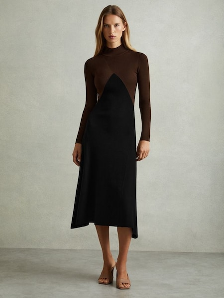 Colourblock Ribbed Midi Dress in Chocolate/Black (E28588) | $320