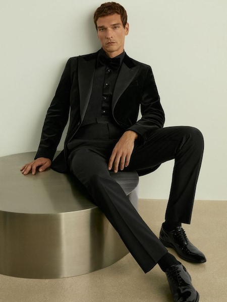 Cotton Blend Velvet Tuxedo Jacket in Black (E28611) | CA$565