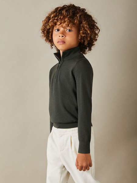 9-13 yrs Merino Wool Half-Zip Funnel Neck Jumper in Dark Military Green (E30156) | HK$520