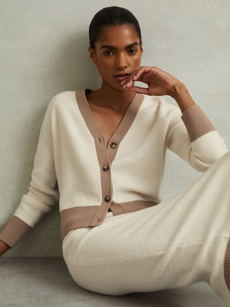 Brie Cream/Camel Wool Colourblock Cardigan (E36444) | $260