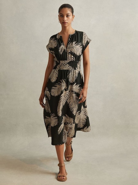 Midi-jurk met elastische taille, tropische print en kaki (E44186) | € 240